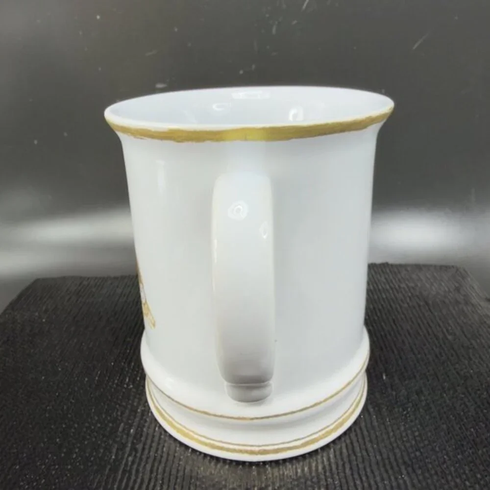 Williams Sonoma Brushed Gold Monogram Letter R Ceramic White Gold Coffee Mug Cup
